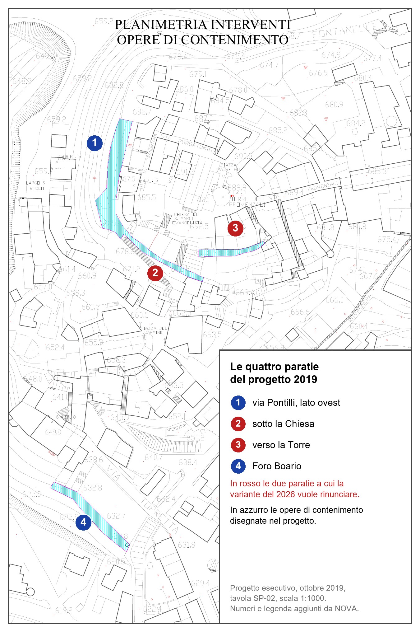 Planimetria del progetto esecutivo 2019 con le quattro paratie attorno alla Chiesa di San Marco Evangelista e al Foro Boario