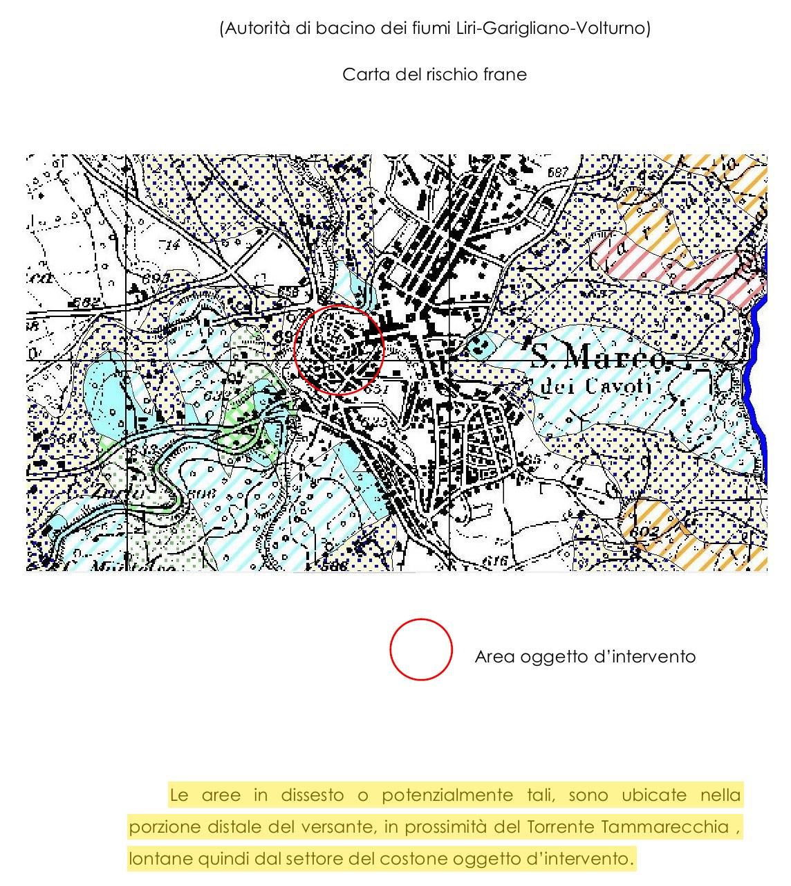 Pagina della relazione geologica 2019 con la carta del rischio frane dell'Autorità di bacino e la frase evidenziata sulle aree in dissesto lontane dal costone