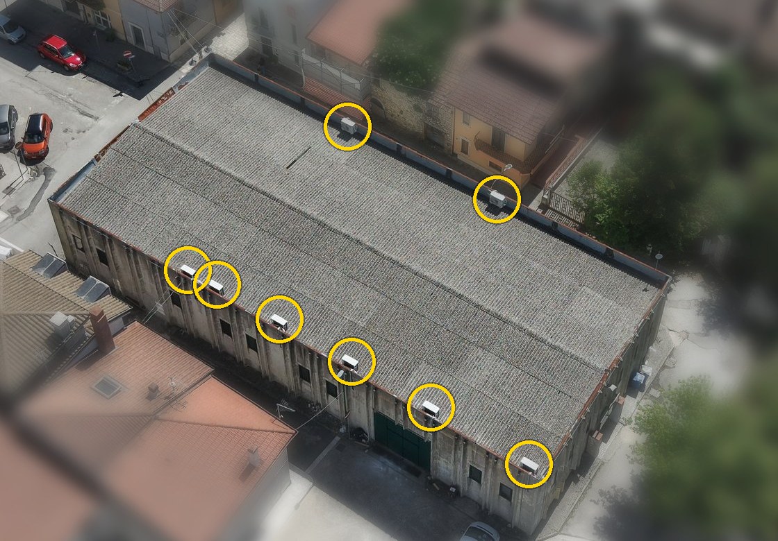 La copertura del Palacrok vista dall'alto, con le otto unità esterne di condizionamento cerchiate in giallo